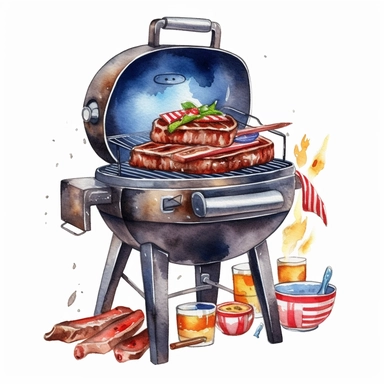Cute Beautiful Patriot Barbecue Grill For 4th Of July Watercolor Sublimation Clipart,Cartoon, hyper realistic, intricate detail, illustration style,high solution,on the white background