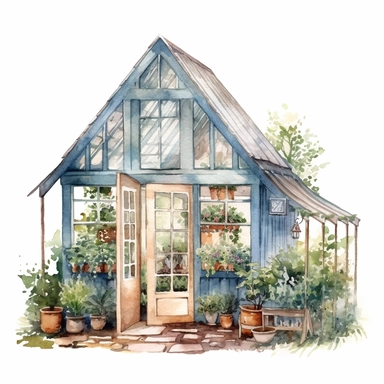 Watercolor cottagecore greenhouse clipart, white background