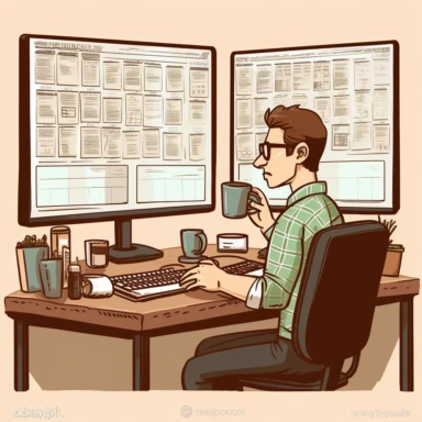 a man sitting at a computer with multiple monitors filling out a spreadsheet with an enormous cup of coffee on the desk, in the style of funny office clipart