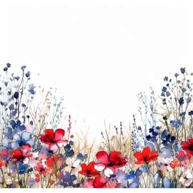 (((realistic))) elegant, moody, soft, serene ((heavily diluted watercolor floral border)), ((abundant patriotic red, white and blue wildflower field)) Patriotic wedding Clipart, dawn, with (((solid white visible background))) ar--16:9