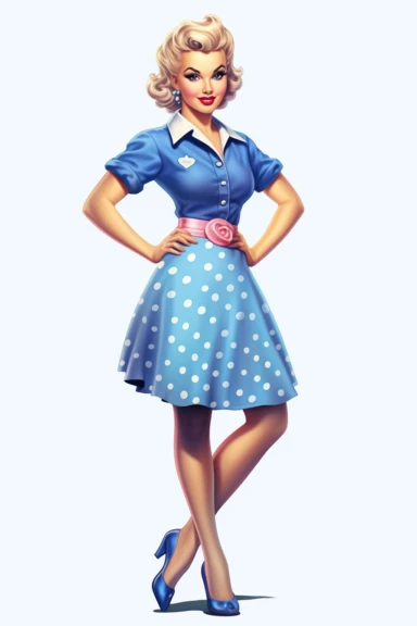 full body shot of a posing housewife against white background, in the style of vintage-inspired pin-ups, realistic figures, polka dot madness, neon indigo and blue, against qhite background clipart png