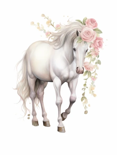 Isolated on a white background, in a feminine style popular on Etsy, with baby pink roses decorated for wedding on her head, full body white horse standing, high resolution, highly detailed, watercolor clipart illustration, soft pastel color theme, baby pink, 8k UHD image isolated on white background, hyper-realistic high resolution, only a horse with a crown of roses on its head