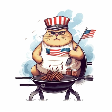 fat chubby cat dressed in america t-shirt grilling sausages, funny, very funny, clipart with crisp lines and white background