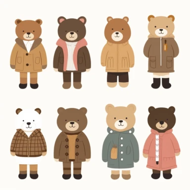 A modern, simplistic illustration showing a cute Teddy Bear with fashionistic human outfits in Cliparts in white background. The illustration should be in a playful flat design style. Make sure there is no use of shading, tone or texture. The illustration should have a simplified, streamlined appearance. The illustration should be well-suited for use in digital or print media, such as infographics.