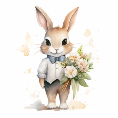 cute rabbit, standing, holding wedding bouqet, white lilies, watercolour, white background, clipart