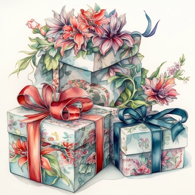 drawing of insanely beautiful floral patterned gift boxes, in the style of beatrice potter and jody Bergsma, tied with a red silk bow,32k uhd, hand-painted details, pastoral illustrations, amazing colour combinations , aquarellist, hd , white background clipart ,-- no watermark--ar 27:37