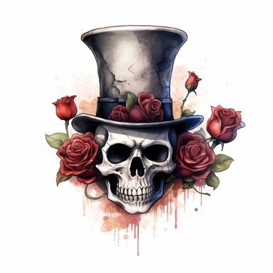 Skeleton, wearing top hat, gothic roses, watercolor, clipart elements, smooth gradients, black contour outline, ultra detailed, white background, super clear, high quality