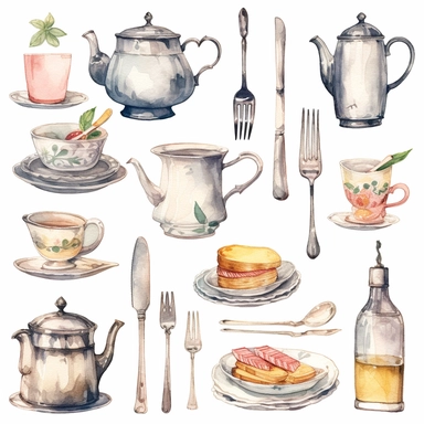 Watercolor vintage tea party items, illustrations clipart set, simple, soft colors, cartoon elements, different variants, teapot, sugar bowl, jug of milk, egg sandwich, stacked china plates, cake fork, tongs, china cup and saucer,napkin, knife,fork stacked teacups, lemon dish, , ,silver knife, ,silver fork, ,silver spoon,napkin, place markers, vase of flowers, bunting , separate elements with a margin