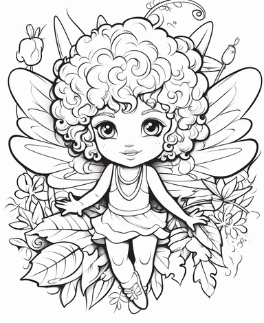 Adorable curly-haired, bi-racial fairy, with wings, exploring a lush rainforest filled with exotic plants, Kawaii for a childrens book, cartoon style, thick lines, black and white, no shading, line drawing illustration, no kid faces, no duplicate faces, blurry, drawing, cartoon, illustration, painting, concept art, cgi, unreal, anime, black&white, b&w, picture frame, deformed, bad anatomy, disfigured, poorly drawn face, mutation, mutated, extra limb, poorly drawn hands, done by bad-artist, ugly,