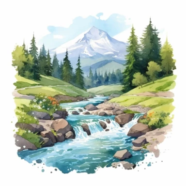 professional gouache hand-painted illustration of Mountain River in the middle surround by trees, spring, focus on the mountain, Landscape clipart, hiking, nature, camping, white background, natural form, very detailed, deep colour, 8k