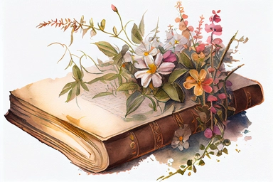 an old bible damaged by time and a bouquet of wildflowers laying next tothe bible, watercolor pastel color clipart, soft light, white background