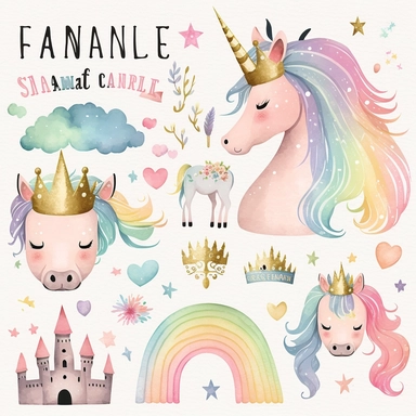 rainbow pastel unicorn, fairy, princess castle, princess crown, rainbow, plastercine, soft watercolour light, clipart svg white background