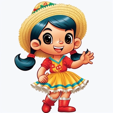 a cute little girl dressed for a brazilian junina party, blonde hair, with a blue and yellow flowing dress, braids in her hair, red shoes, happy, Monica's gang style, Graphics Maurício de Sousa, digital art, big eyes, cartoon, clipart , country girl from festa junina from brazil cute drawing white background