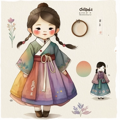 a cute little girl is wearing Korea traditional dress Hanbok. watercolor clipart, the skirt layers are designed to create a full and flowing silhouette, rainbow color jacket, The jacket worn by women in the royal family has long sleeves that are wide and 