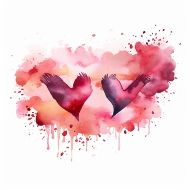 An endearing watercolor scene of love, captured on a white background. Clipart on a white Background. This illustration features two hearts that are whimsically drawn to look as if they are in mid-flight, towards each other. The hearts are painted in shades of deep red and soft pink, with delicate brush strokes that provide a hand-painted texture. Between them, a small 'kiss' is depicted in the form of two tiny lines converging - symbolic of their connection. The overall image exudes warmth and 