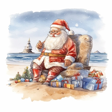 Watercolour of a santa on the beach , Clipart,Cartoon,hyper realistic, intricate detail isolated on a white background, high quality, sublimation, detailed, cartoon style