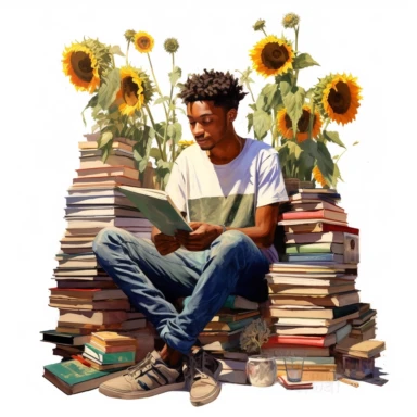 imagine black, African American young man surrounded by books and sunflowers whilst reading intently, clipart, hyper realistic, watercolor style, white background