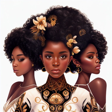 three beautiful black girls, one with an afro haircut, one with long hair and one with short hair, luxury, Pixar style, intricate details, white background, clipart