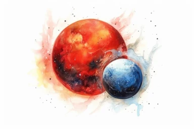 Watercolor, Imagine a binary system with a red giant star and a white dwarf, locked in a delicate gravitational embrace clipart, hd, on a white background, spaced out