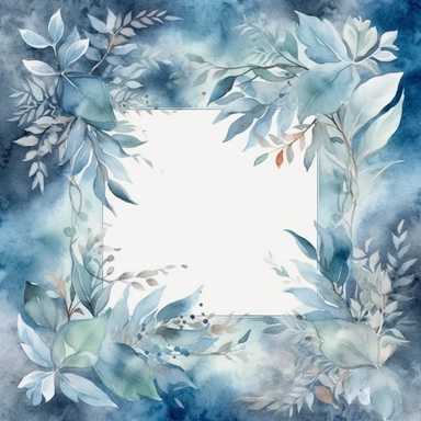 Square watercolor leaf frame, clipart, in the style of cottagecore, enchanting bloomcore, high resolution, joyful celebration of nature, white and blue