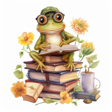 Cute Frog with books reading flowers clipart, vintage illustration, vintage print poster, Woods Forest Animals Frog PNG Frog Daisy Flowers Water Lilies Sublimation watercolor print, white background, watercolor paint, procreate watercolor drawing, Watercolor Sublimation design, realistic cartoon, realistic water based colors, clipart, transparent white background