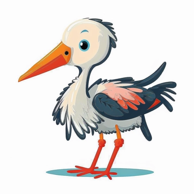 A clipart for kids with a cute baby stork animal motif in frontal view on white background. The animal motif is depicted in bold colors