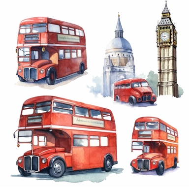 watercolor london iconic bus and taxis in streets, illustrations clipart set, simple, , cartoon elements ,different variants , separate elements with a margin
