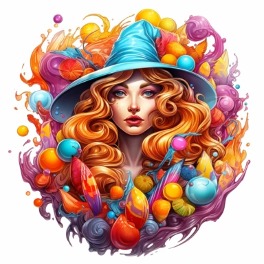 Sharp Illustration of a fantasy sweet candy witch clipart aginst white background in watercolor style, majestic scene, beautiful witch, sweets, vibrant colors, bubble gum, colorful candies, illustration style, vibrant colors, unreal engine 5, detailed illustration, high resolution, high quality, solid white background