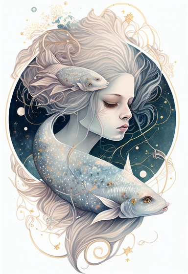 A delicate and enchanting portrayal of a woman, with a gentle and kind expression on her face, soft pastel colors, two large fish decorated with stars and planets, white background, clipart