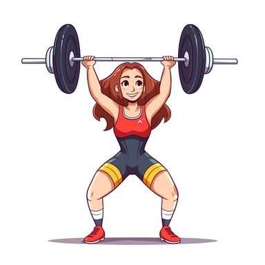 Female Olympic weightlifting, squatting with barbell over head, beautiful face, clear hands, long beautiful hair, sports clothes, cartoon art, clipart style, solid white background