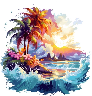 artwork majestic palm trees in digital painting style, beautiful flowers, mountains and clouds, big sea waves, water splashes, white background, colorful fantasy flower surround, highly detailed clean, vector design, photorealistic masterpiece, vibrant color, vibrant vector, clipart, illustration, realism, 4k, cinematic, front views, white background