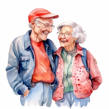 a heartwarming vibrant saturated cartoon watercolor clipart image with a white background, featuring cute sweet extremely happy elderly couple