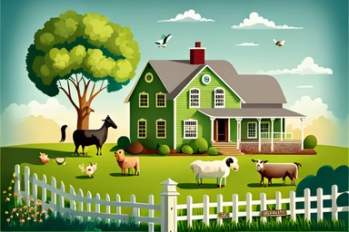 farm house cartoon, farm house with animals, farm house clipart , clipart, hand drawn, farm style, agriculture, green grass farm house, green grass area, farmhouse with agriculture, farm animals , light colors