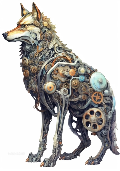 Steampunk Gray wolf clipart, realistic, Watercolor Retro Futuristic Victorian Era, art picture, full body, watercolor, multicolor, white background, lots of details, high quality - 8K,