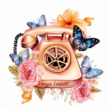watercolor desktop phone with flower and butterfly, illustration clipart, detailed, black outline, white background, digital art
