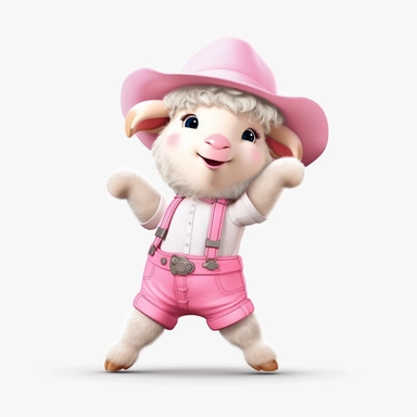 Nursery safari animal, clipart, sheep, cute, white background, no text, no words, wearing a pink hat, dancing, happy,