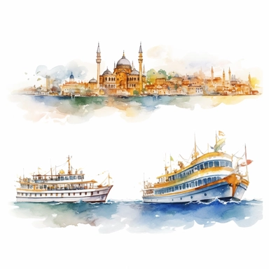 watercolor istanbul golden horn panaromic view seeing the both banks and modern time ships , illustrations clipart set, simple, , cartoon elements ,different variants , separate elements with a margin
