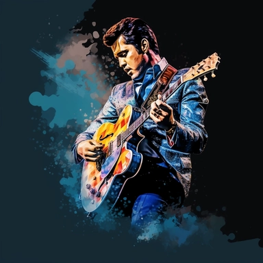 portrait view, full view, beautiful jewel colors, beautiful image of Elvis Presley with guitar and microphone, romantic, fantasy, sharp focus, high detail, 8k illustration clipart style, transparent background, (--iw 8)