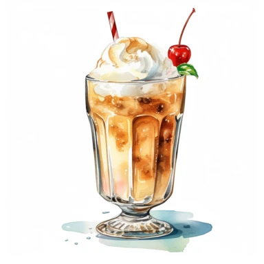 Clipart, watercolor, white background: Craft a nostalgic clipart of a classic ice cream float, with a tall glass filled with fizzy soda and a scoop of creamy vanilla ice cream floating on top