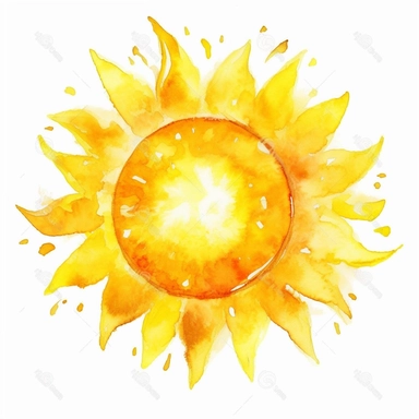a summer sun in yellow watercolor style, clipart, white background