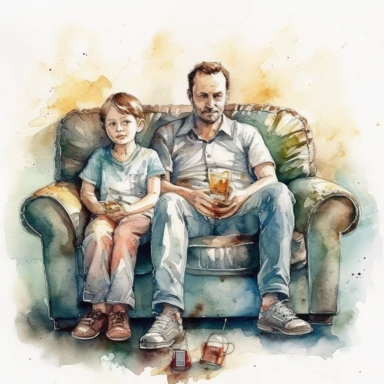 DESIGN A MAGNIFICENT AND EXQUISITE BREATHTAKING ONE-OF-A-KIND HIGH QUALITY HIGHLY DETAILED MASTERPIECE WATERCOLOR CLIPART ILLUSTRATION OF A FATHER AND HIS KIDS sitting on the couch watching TV, in the style of delicate watercolor, portrait painting, #film, reductive, weathercore, dadaist, ULTRA REALISTIC, WHITE BACKGROUND, NO FONT, NO TEXT, NO WORDS, NO WATERMARK