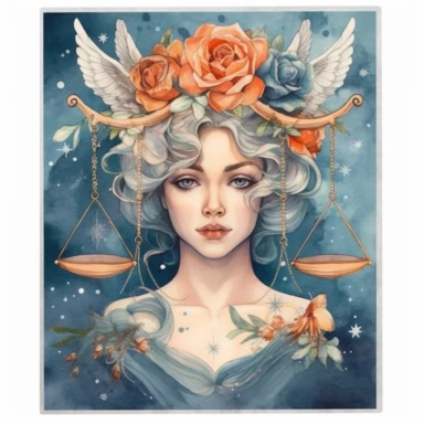 Immerse yourself in a realm of artistic wonder with a mesmerizing clipart illustration showcasing the zodiac sign Libra through the portrait of an elegant woman holding a justice balance weights. Against a celestial canvas of space and twinkling stars, the harmonious Libra symbol stands prominently. Embellished with flowerpunk elements and brought to life in a graceful watercolor style, this portrait artwork beautifully embodies the balanced and diplomatic nature of Libra