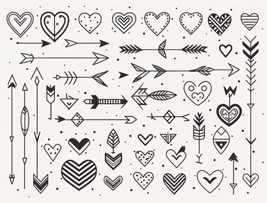 arrow clipart set with hearts and arrows, in the style of whimsical line work, double lines, ornamental details and embellishments, simple line drawings, flat shapes, delicate markings, black lines, white background, made of all of the above, vector image
