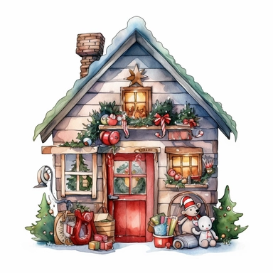 Cute Christmas toy workshop watercolor clipart