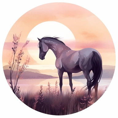 The clipart shows a horse in a delicate and romantic atmosphere on a white background. The horse is standing in a picturesque landscape illuminated by a warm, golden evening sun. The background is designed with soft hues like pastel pink, lavender or a soft sunset gradient. The horse itself has an elegant and graceful posture. It has its head slightly lowered as it gazes into the distance, as if filled with dreams and romance. The horse's eyes have a gentle and dreamy expression. The mane and ta