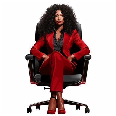 a clipart black sucessful woman in a red suit sitting down looking in the camera on a chair in a office with long curly human hair, photoshoot ( empowered)