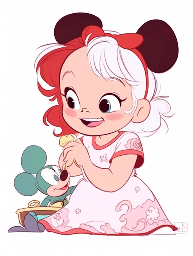 girl drawn as a cute disney little baby, in the art style of Disney babies clipart, sticker of [ cute baby girl wearing an apron and standing in the kitchen] disney pixar inspired painting , character design art by don bluth painting in the style of disne