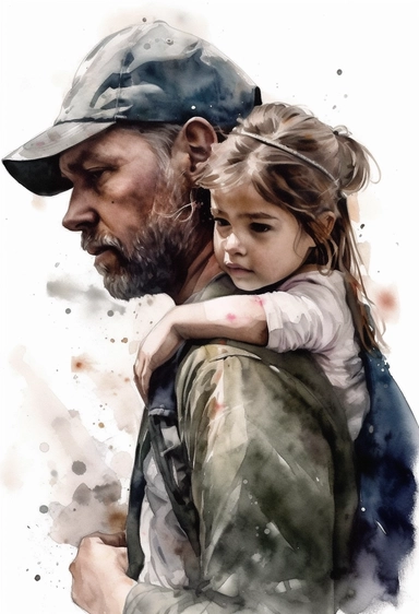 DESIGN A MAGNIFICENT AND EXQUISITE BREATHTAKING ONE-OF-A-KIND HIGH QUALITY HIGHLY DETAILED MASTERPIECE WATERCOLOR CLIPART ILLUSTRATION OF A young girl and father carrying her, in the style of realistic watercolor paintings, animated gifs, transportcore, gray, letras y figuras, 32k uhd, made of plastic, WHITE BACKGROUND, NO FONT, NO TEXT, NO WORDS, NO WATERMARK