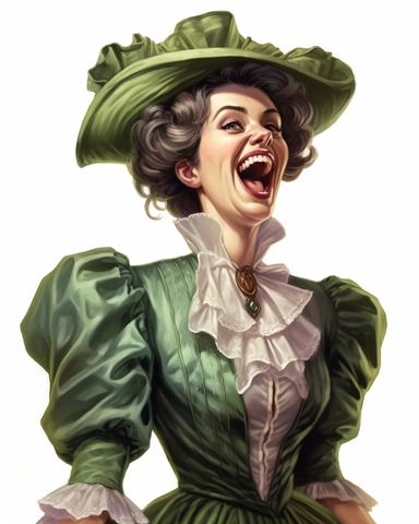 detailed happy beautiful lady , dressed in a sage victorian vintage dress laughing and covering her mouth, hyper realistic, 8k, isolated on white backgorund, clipart