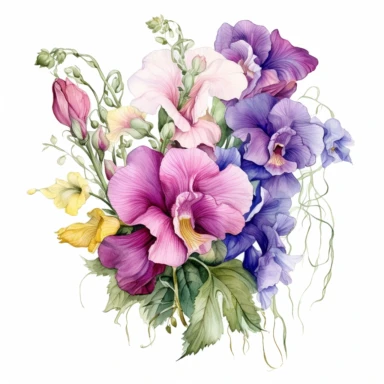 Watercolor realistic with vines floral arrangement Hollyhock, iris, morning glory orchid and peony floral cliparts with white background